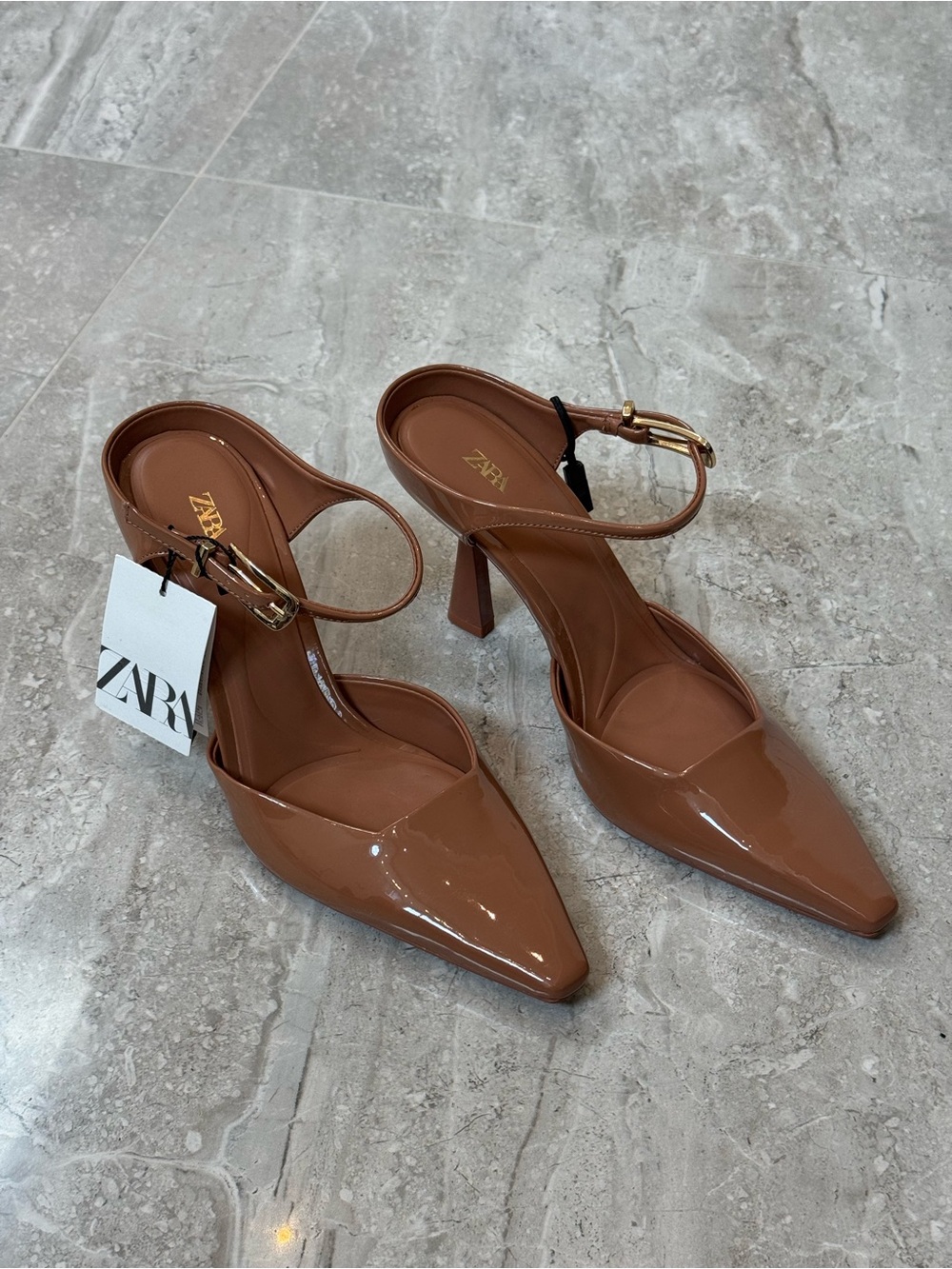 ZARA Brown Patent Pointed Toe Ankle Strap Heels